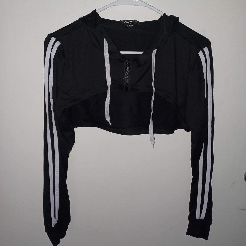Love Black Cropped Hoodie with White Stripes
